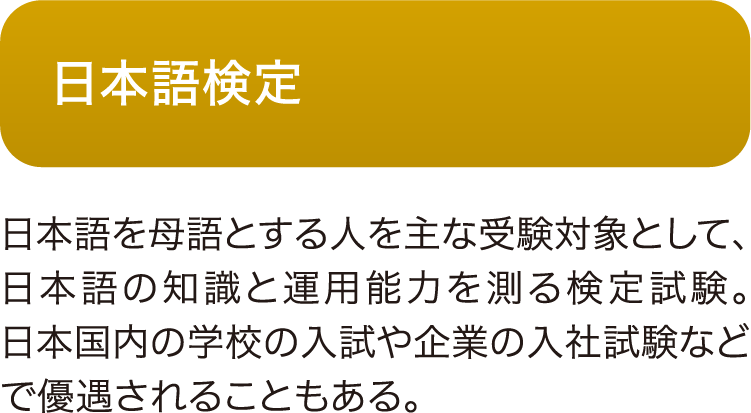 日本語検定
日本語を母語とする人を主な受験対象として、日本語の知識と運用能力を測る検定試験。日本国内の学校の入試や企業の入社試験などで優遇されることもある。