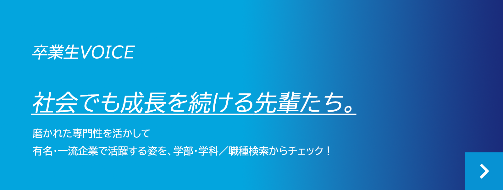 卒業生VOICE 社会でも成長を続ける先輩たち。磨かれた専門性を活かして有名・一流企業で活躍する姿を、学部・学科／職種検索からチェック！