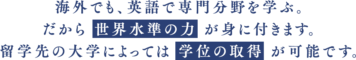海外でも、英語で専門分野を学ぶ。だから 世界水準の力 が身に付きます。留学先の大学によっては 学位の取得 が可能です。