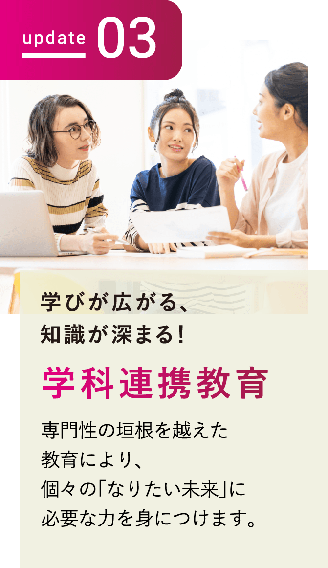 update03 学びが広がる、知識が深まる!学科連携教育 専門性の垣根を越えた教育により、個々の「なりたい未来」に必要な力を身につけます。